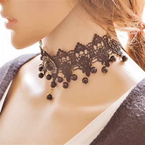 Hot Sales Women Black Lace Choker Beaded Pendants Necklce Clavicle