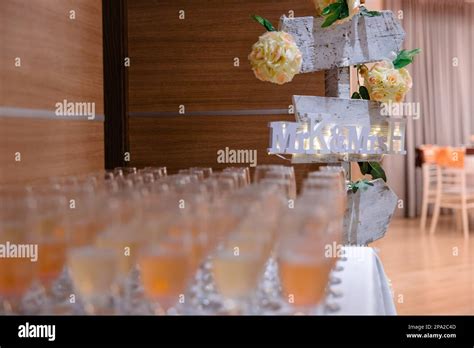 Welcome Drinks For A Wedding Reception Sign With Mr And Mrs And Glass