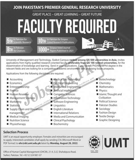 Teaching Faculty Required at UMT Lahore | Send Online CVs