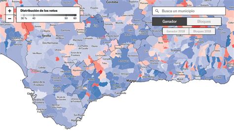 Mapa de resultados de las elecciones en Andalucía por municipios y