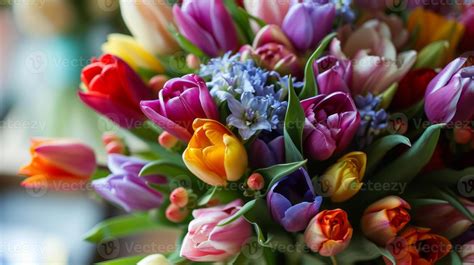 Ai Generated Fresh Bouquet Of Multi Colored Tulips For Wedding