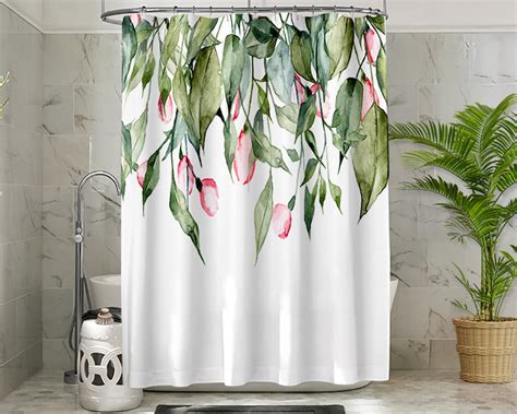 Watercolor Floral With Leaves Shower Curtain Botanic Herb Etsy