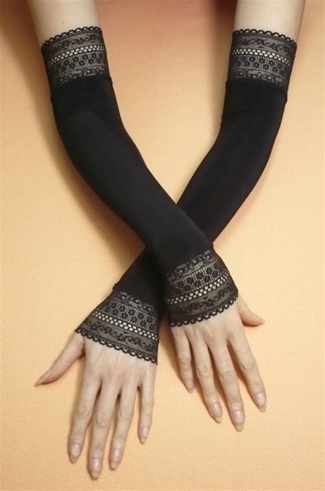 Long Black Elegant Evening Fingerless Gloves With Lace Retro