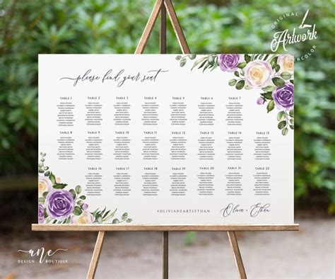 Purple Lavender Wedding Seating Chart Template Lilac Boho Shower