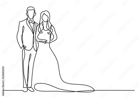 Continuous Line Drawing Of Happy Groom Bride Standing At Wedding Stock