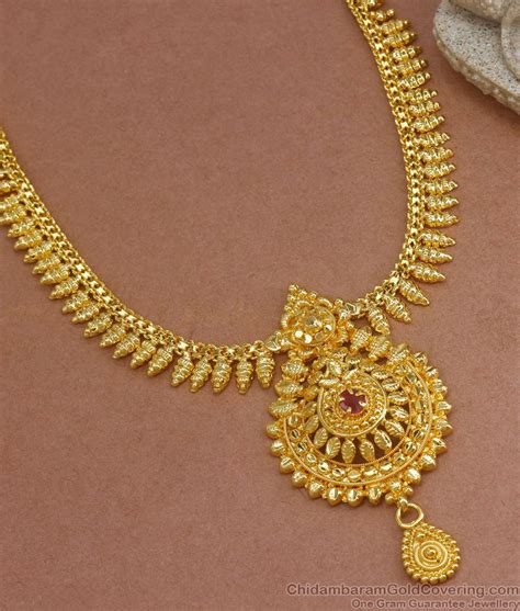 1 Gram Gold Mullaipoo Necklace Ruby Stone Kerala Design NCKN2860