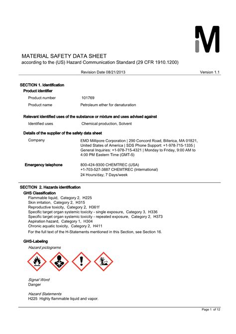 Material Safety Data Sheet According To The Us Hazard Communication