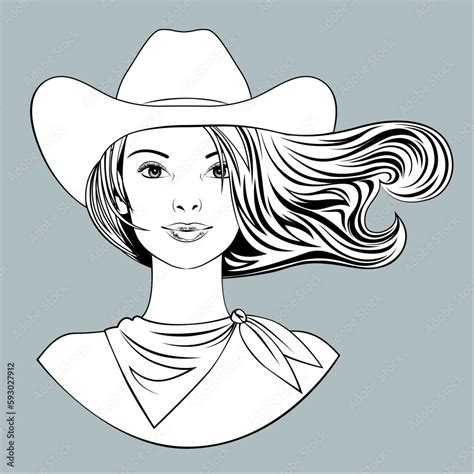 Vetor De Head Of A Blonde Woman With Loose Flowing Hair In A Cowboy Hat