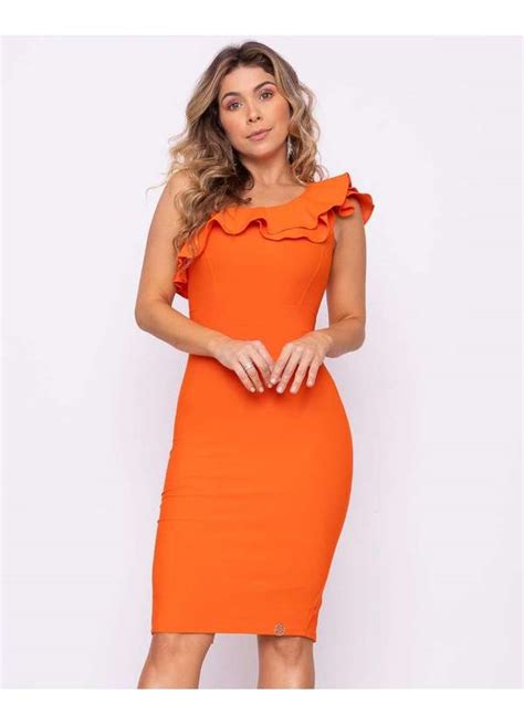 Vestido Miss Misses Midi Babado Ombro So Laranja Laranja Dress Us