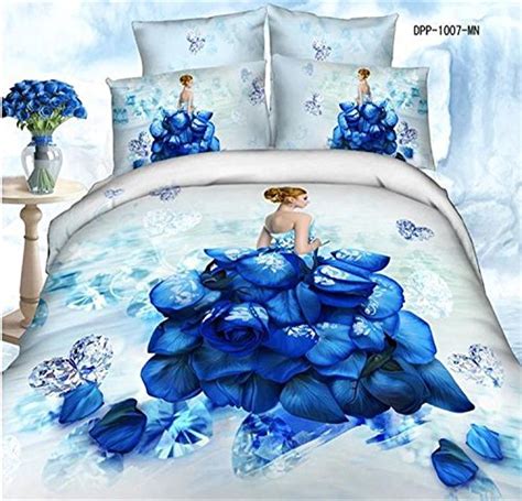 Buy Newrara Queen Size 100 Cotton 4pcs Blue Rose Dress Decoration