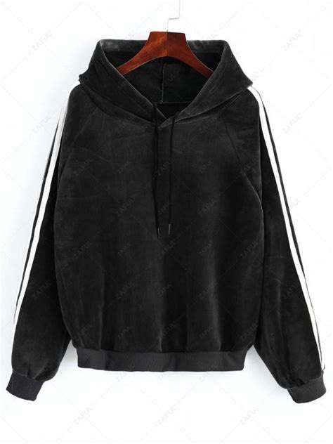 [28 Off] 2021 Striped Sleeve Velvet Hoodie In Black Zaful