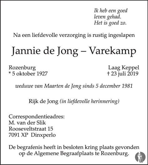 Jannie De Jong Varekamp 23 07 2019 Overlijdensbericht En Condoleances