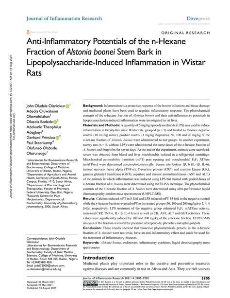 PDF Anti Inflammatory Potentials Of The N Hexane Fraction Of Alstonia