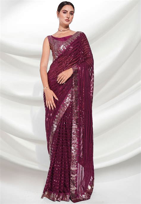 Buy Sequinned Georgette Saree In Wine Online SPF8324 Utsav Fashion