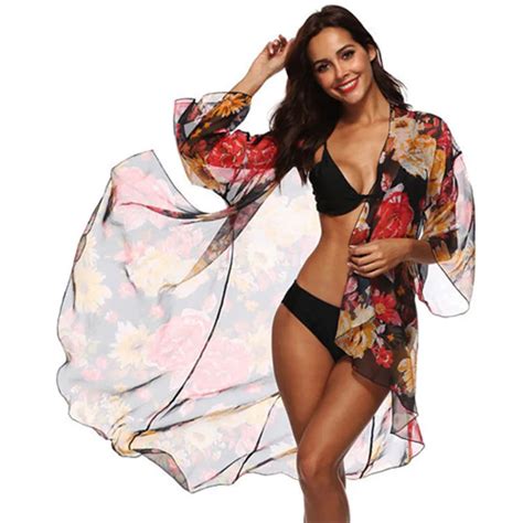 Women Chiffon Tassels Bikini Cover Up Cardigan Lady Swimsuit Cover Up Floral Print Beach Dress