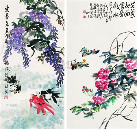 【紫藤金鱼 芙蓉鸳鸯 立轴 设色纸本】拍卖品图片价格鉴赏绘画雅昌艺术品拍卖网