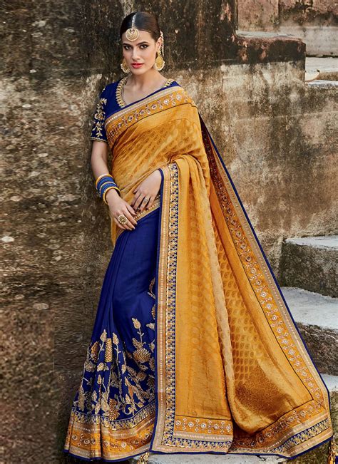 Buy Royal Blue And Yellow Silk Indian Bridal Saree In UK USA And Canada