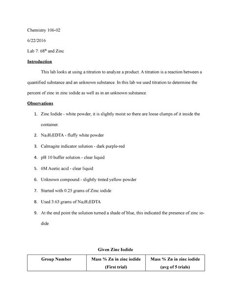 68th And Zinc Lab Report Chemistry Lab 7 68th And Zinc Introduction This Lab Looks At Using A