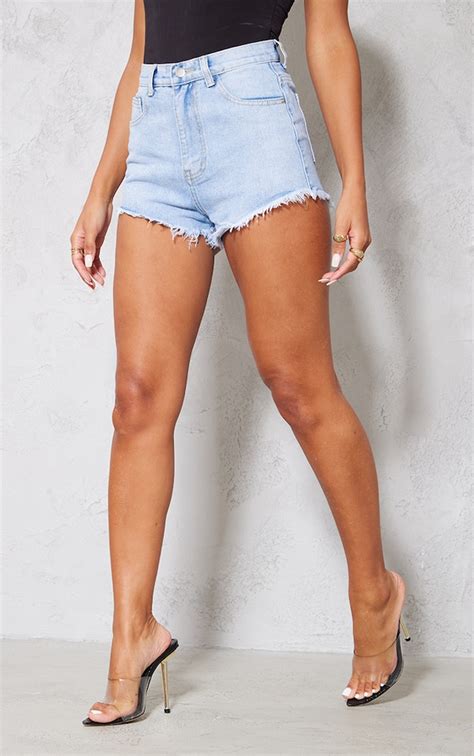 Plt Light Blue Wash Frayed Hem Denim Shorts Denim Prettylittlething