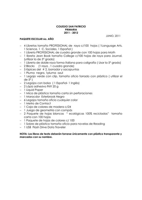 Lista De Libros Y Materiales 2011 2012 6to Grado PDF