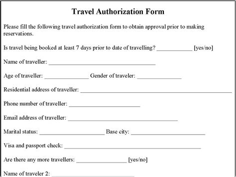 Travel Authorization Form Editable PDF Forms