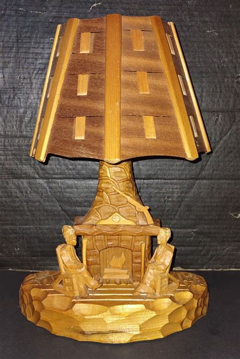 Vintage G Duval Folk Art Wood Carving Lamp Fireplace Scene With Man