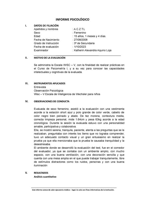 Informe WISC V hgnfg INFORME PSICOLÓGICO I DATOS DE FILIACIÓN