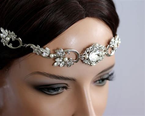 Boho Wedding Headpiece Crystal Forehead Band Vintage Headband Silver