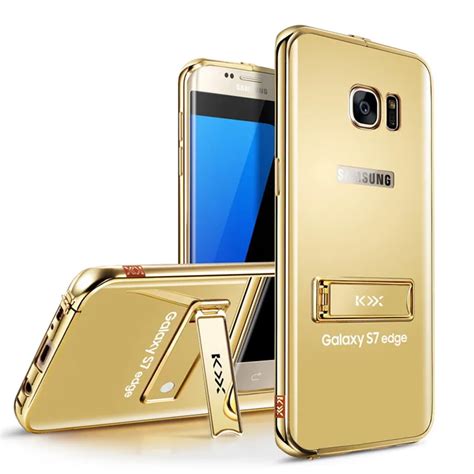 For Samsung S7 Edge Mirror Case Gold Plated Metal Acrylic Kickstand