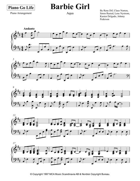 Barbie Girl Arr Piano Go Life By Aqua Sheet Music For Piano Solo At Sheet Music Direct