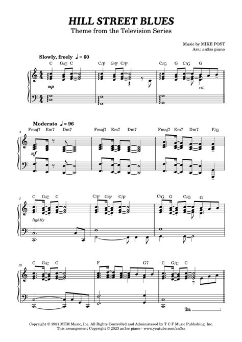 Hill Street Blues Theme Arr An3ss Piano Sheet Music Mike Post Easy Piano