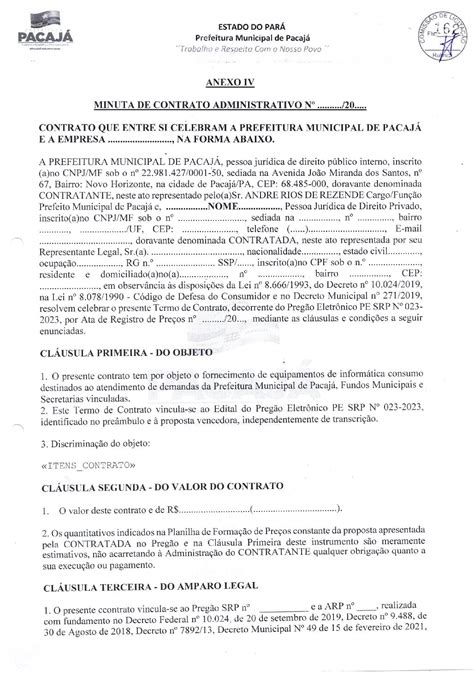 Minuta De Contrato Prefeitura Municipal De Pacaj Gest O