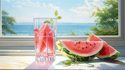 Watermelon Juice In A Glass On The Windowsill Overlooking The Sea