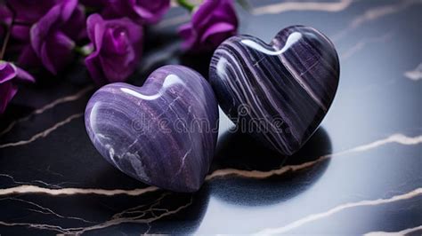 Close Up Of Two Purple Hearts On A Black Marble Background Romantic