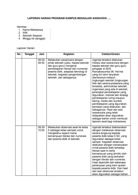 Contoh Laporan Harian Kampus Mengajar