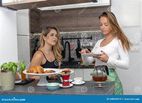 Cute Lesbian Couple Happily Preparing Breakfast LGTB Concept Stock Image Image Of Caucasian