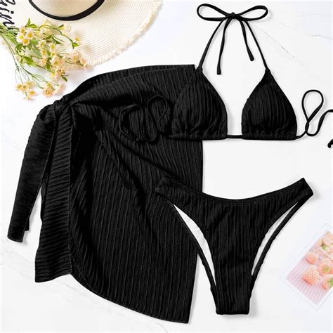 Cethrio Swimsuit Women Bikini Sexy Solid Cover Up Beach Summer Black