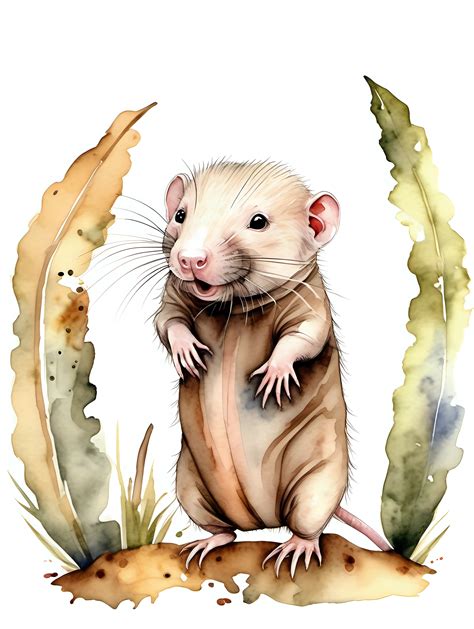 Adorable Naked Mole Rat Illustration Delicate Watercolor Drawing In