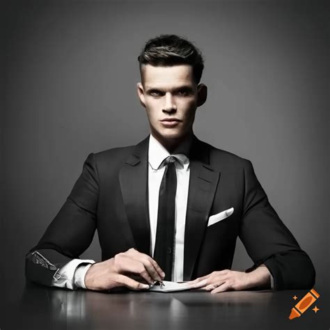 Image Of A Confident Man In A Black And White Suit Sitting At A Desk On