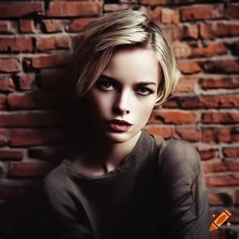 Beautiful Woman With Short Blond Hair Posing Near An Old Brick Wall On Craiyon