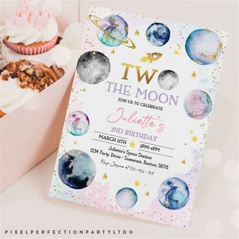 Two The Moon Birthday Invitation 2nd Birthday Party Outer Etsy