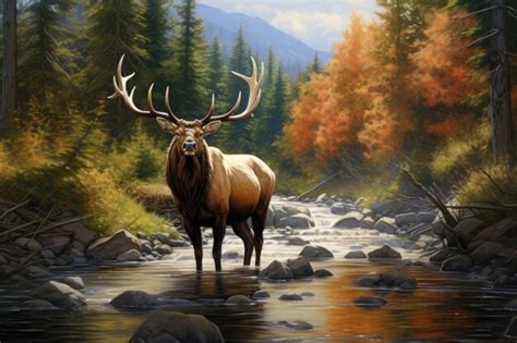 Premium AI Image Bull Elk In The River 3d Render Digital Painting