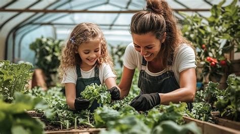 A Mother And Daughter Harvest Vegetables In A Greenhouse Premium Ai Generated Image