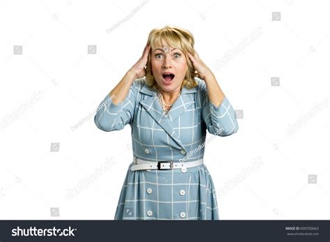 Surprised Mature Woman Open Mouth Astonished Stock Photo 699700663