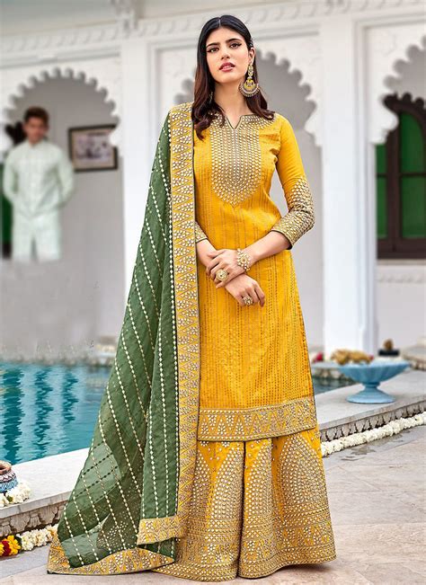 Yellow And Green Heavy Designer Work Gharara Suit Indian Heavy