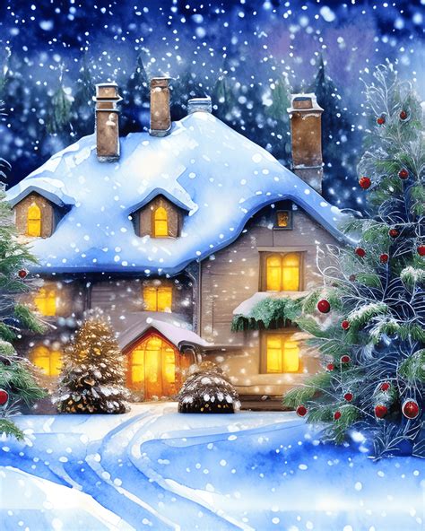 Beautiful Cozy Cottage in Snow Winter Trees Christmas Tree with Lights and Decorations Christmas ...