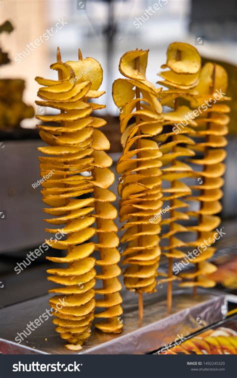 Fried Potato Chips On Stick Spiral Stock Photo 1492245320 Shutterstock