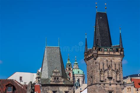 Prag Scenic View From Iconic Charles Bridge In Old Town Prague