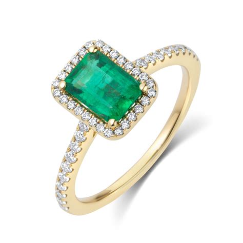 18ct Yellow Gold Emerald Halo Diamond Ring Pravins