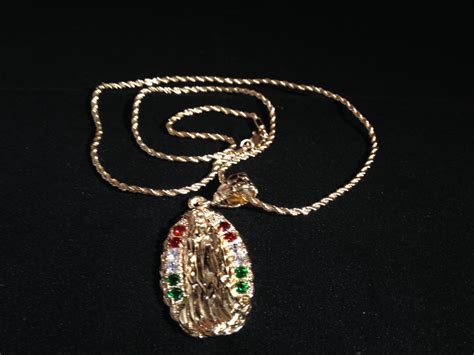 Our Lady Of Guadalupe Gold Necklace Pendant Chain Rosary Crystal Red